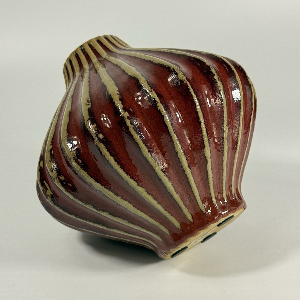 Global Views Art Pottery Decorative Vase Red Glazed Ribbed Mid Century Modern - Picture 6 of 9
